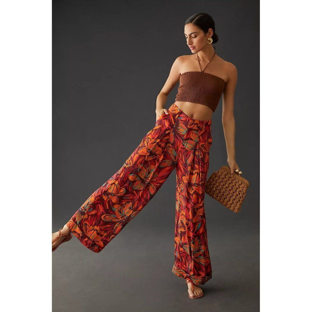 Farm Rio for Anthropologie Pleated Wide Leg Pants NWT XS Orange Floral